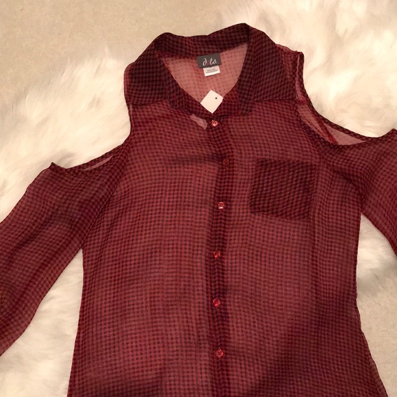 Cold Shoulder Buffalo Plaid Sheer Blouse - Picture 4 of 8